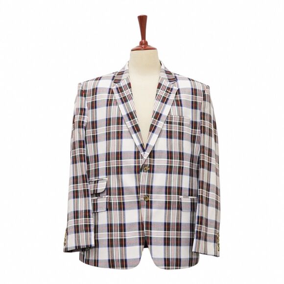 Chiragh Other - Mens 48R White Red Blue Tartan Plaid Cotton Blazer 2 Button Sport Coat Wedding